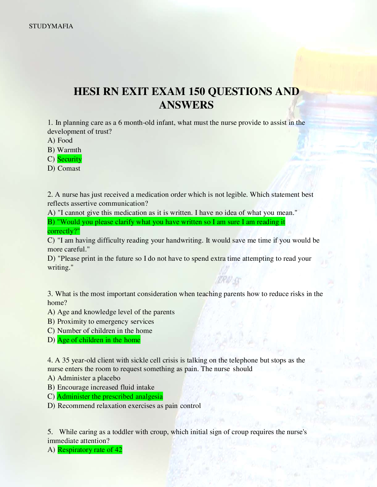 Preview image for HESI RN EXIT EXAM 150 QUESTIONS AND ANSWERS